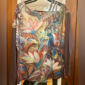 EUC Emery Rose Colorful Peacock Artistic Women's Top